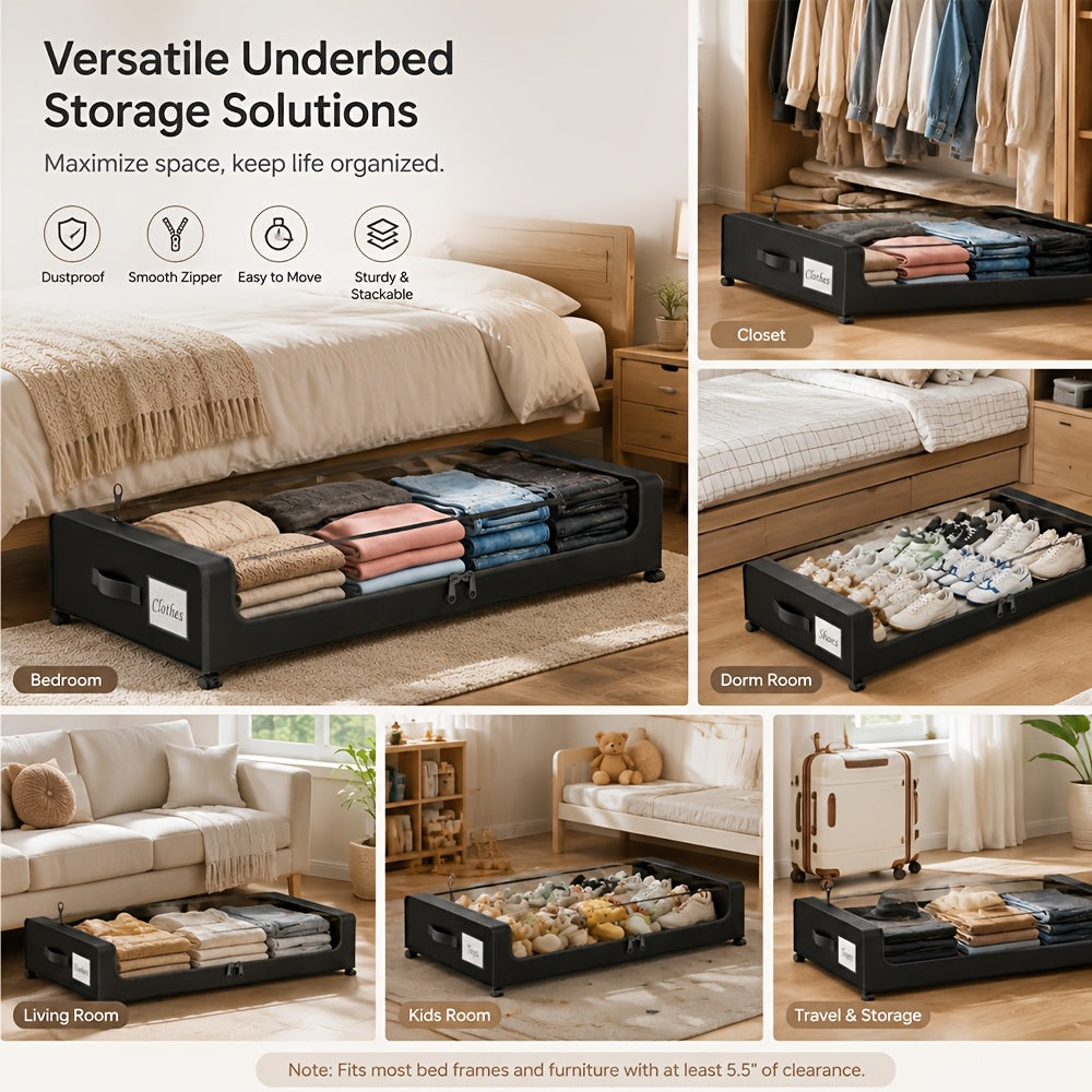 2-Pack Under Bed Storage with Wheels: XXL 17.17gal Underbed Storage Containers with Clear Lids - Rolling Drawers And Bins for Shoes, Clothes in Dorm Bedroom - Space-Saving Easy Pull-Out, Black, Under-Bed Storage