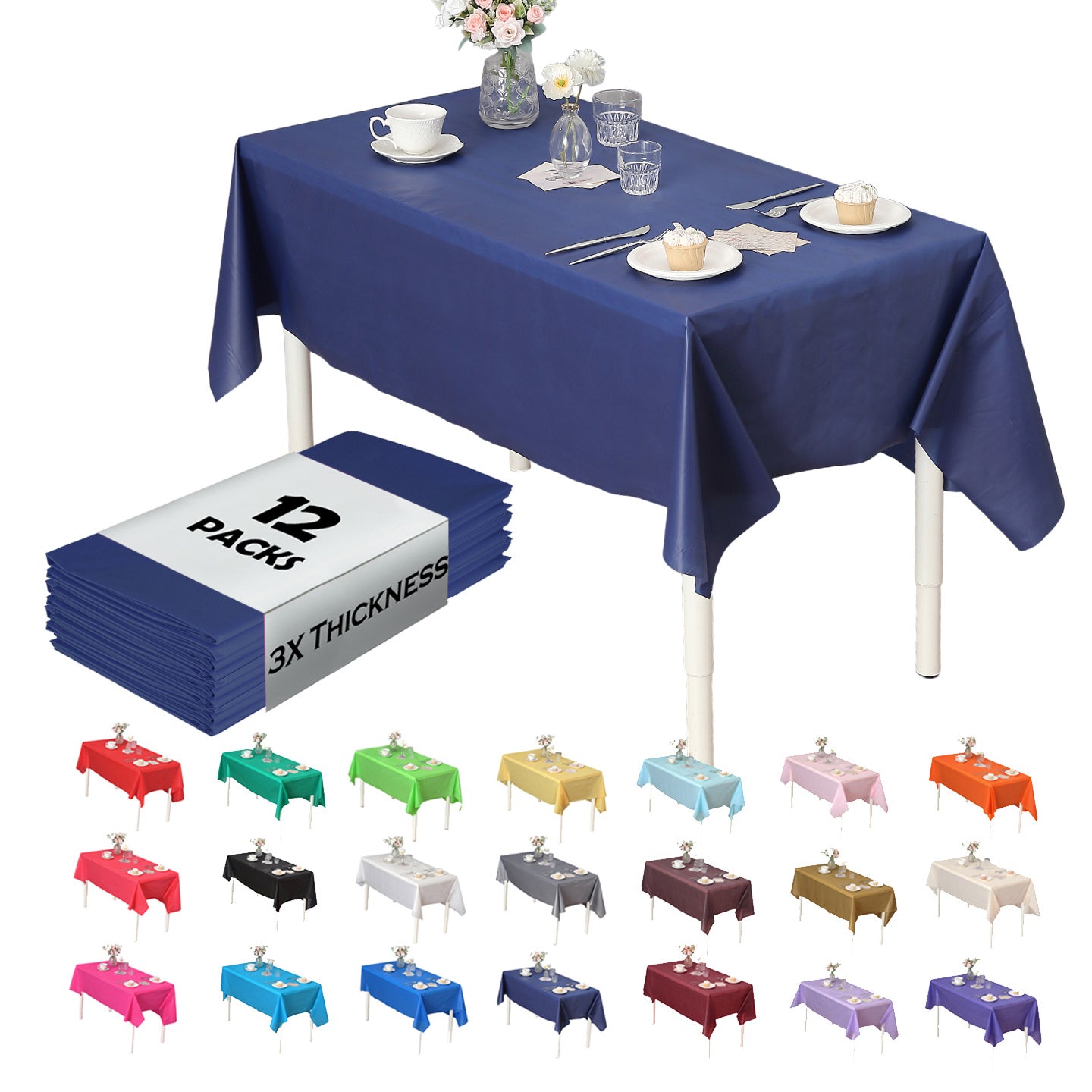 Heavy Duty Premium 12pcs Plastic Tablecloth, Disposable Tablecloth, Plastic Table Cover for Kitchen, Dinning Uses.