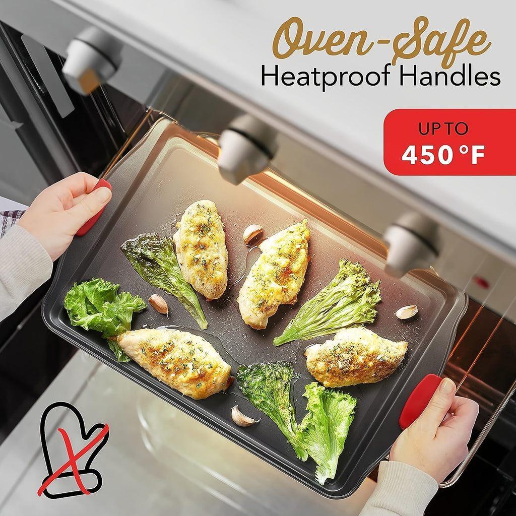 3pcs Carbon Steel Non-Stick Baking Pan | Oven & Toaster Accessories, Commercial Restaurant Grade, Double-Sided Non-Stick Coating, Luxurious & Stylish Design With Red Silicone Handle - Oven Safe Kitchen Accessories, Professional Kitchenware