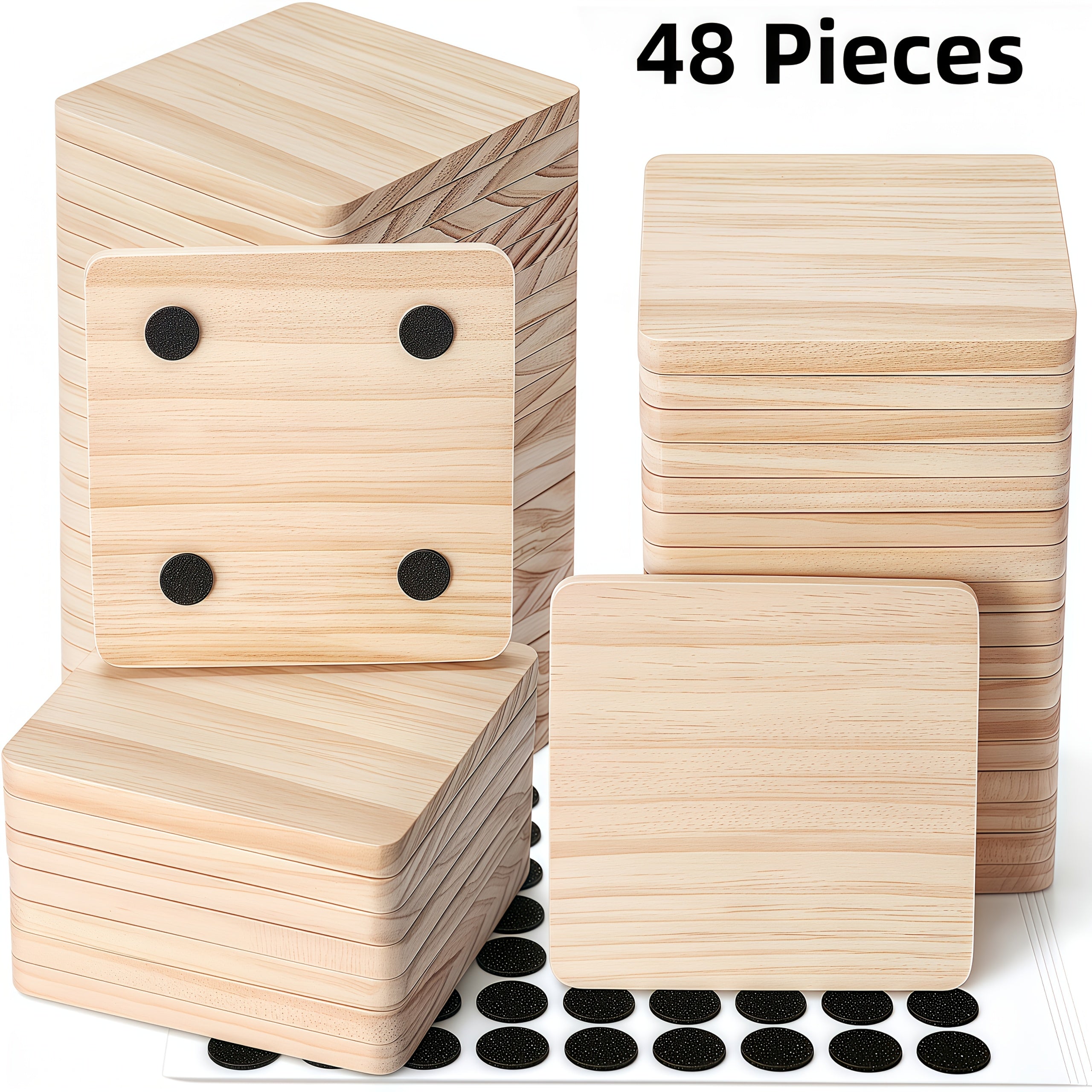 24/48/96pieces Unfinished Wood Coaster Blanks(4 Inch Square & Round) With Non-Slip Foam Stickers - DIY Craft Supplies For Painting, Engraving, Burning & Decor - Ideal Handmade Gifts & Home Decor For Christmas Halloween Easter, Mother'S Day Craft Gift