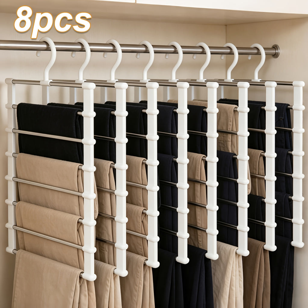 2/4/8pcs Foldable Multi-Layer Pants Hanger - Stainless Steel Non-Slip Closet Organizer For Jeans, Leggings & Scarves - Space-Saving Clothes Rack