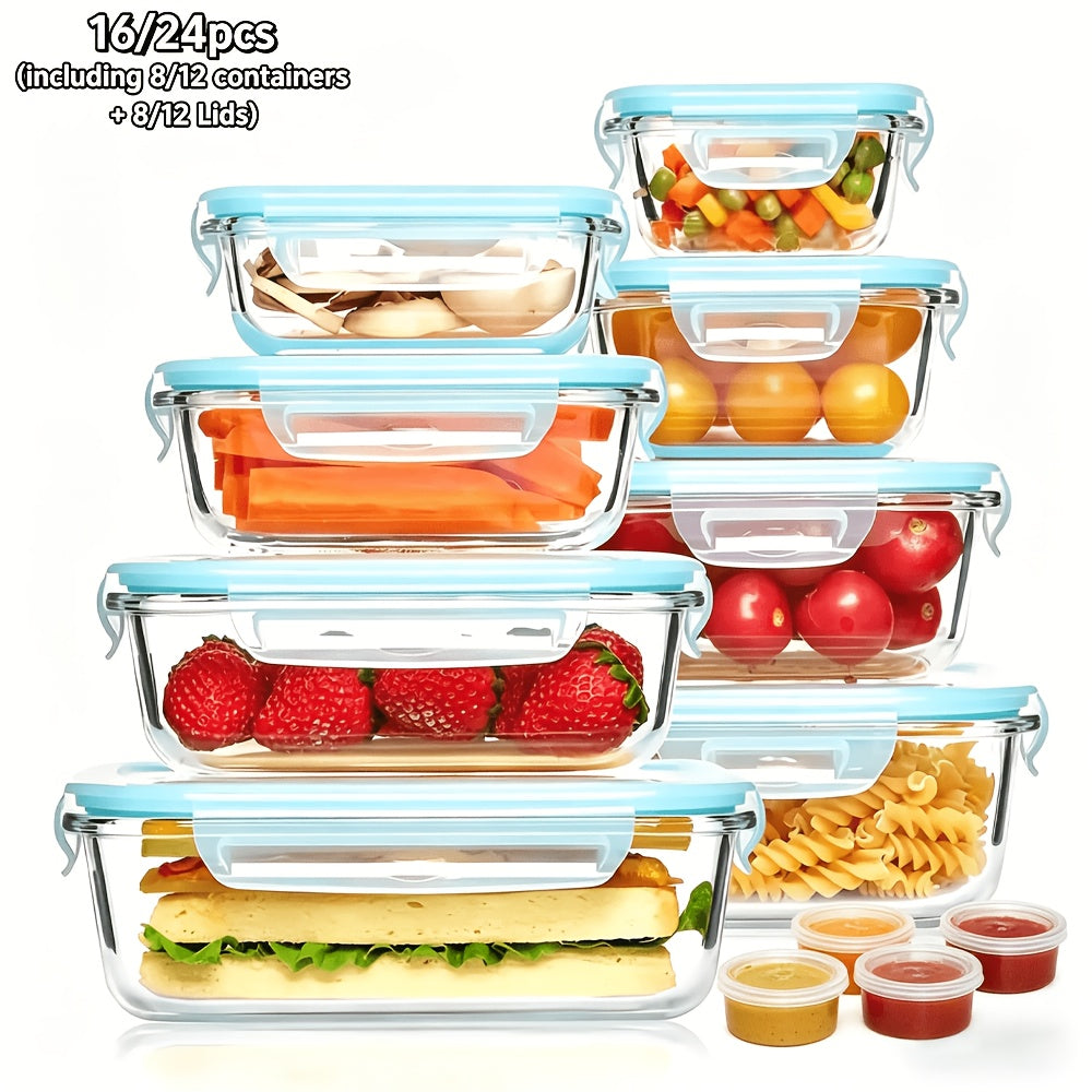 24/16pcs (12/8 Lids And 12/8 Containers) Sealed Glass Food Storage Container, Outdoor Picnic, Lunch Box, Microwave, Oven Safe, Perfect for Salads, Fruits, Vegetables, And Sandwiches, Lunch Box | Sealed Storage | Durable Glass