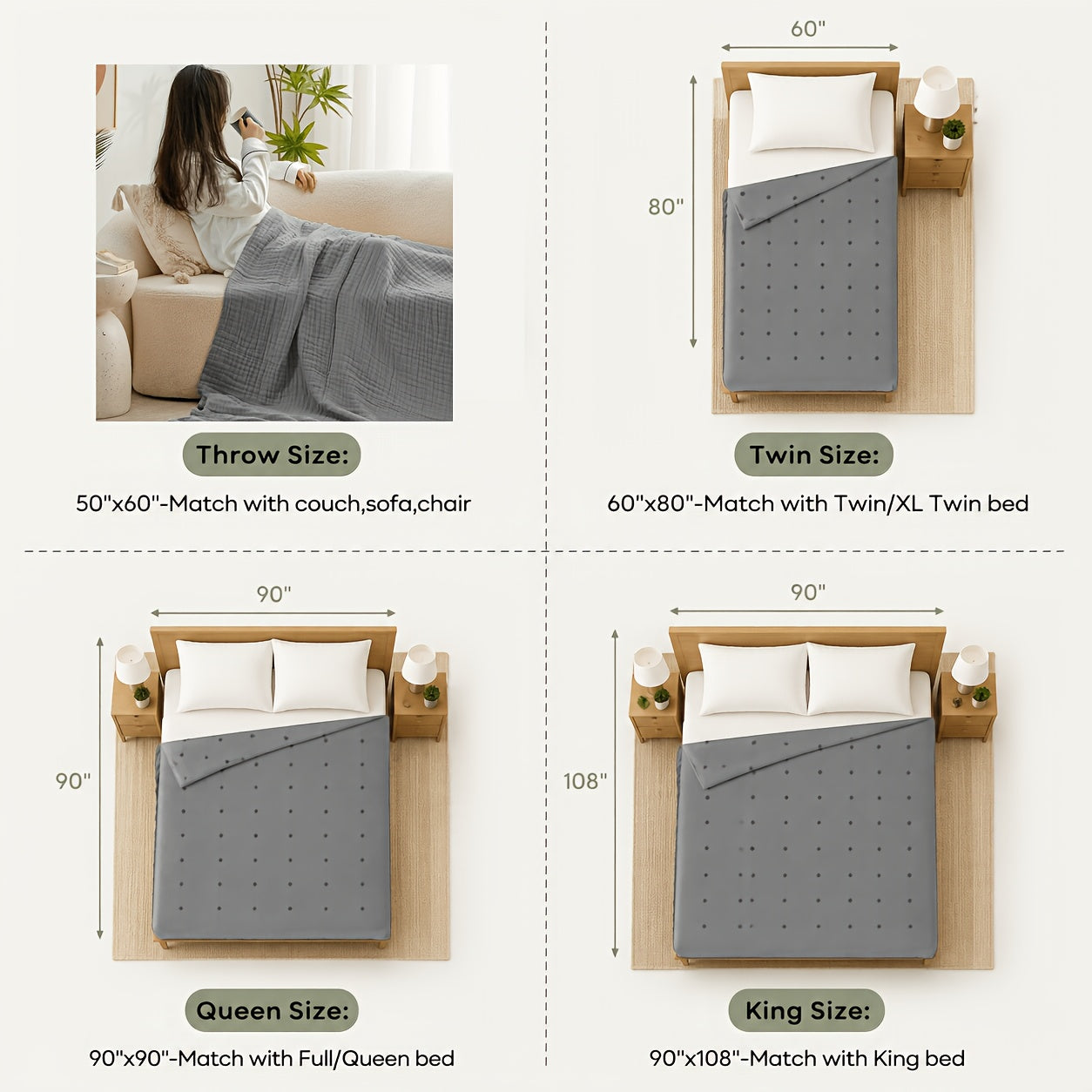 Yoofoss 6-Layer 100% Cotton Muslin Blanket, Lightweight and Breathable Gauze Blanket for Bed, Couch, and Adults, All-Season Use