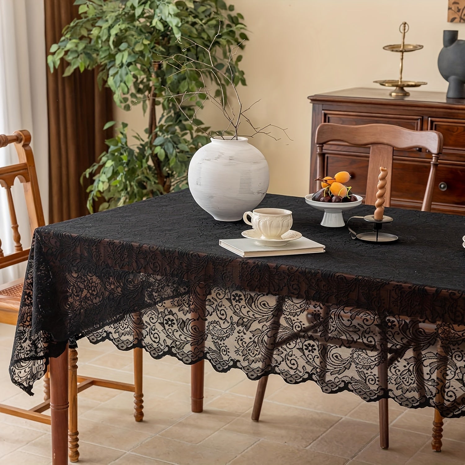 Elegant Black Lace Tablecloth with Intricate Floral Pattern - Durable Polyester Rectangular Table Cover for Farmhouse Style, Thanksgiving Decor, Holiday Dining & Kitchen Use, Dining Table Decoration, Classic Table Setting, Highquality Fabric, Machinemade