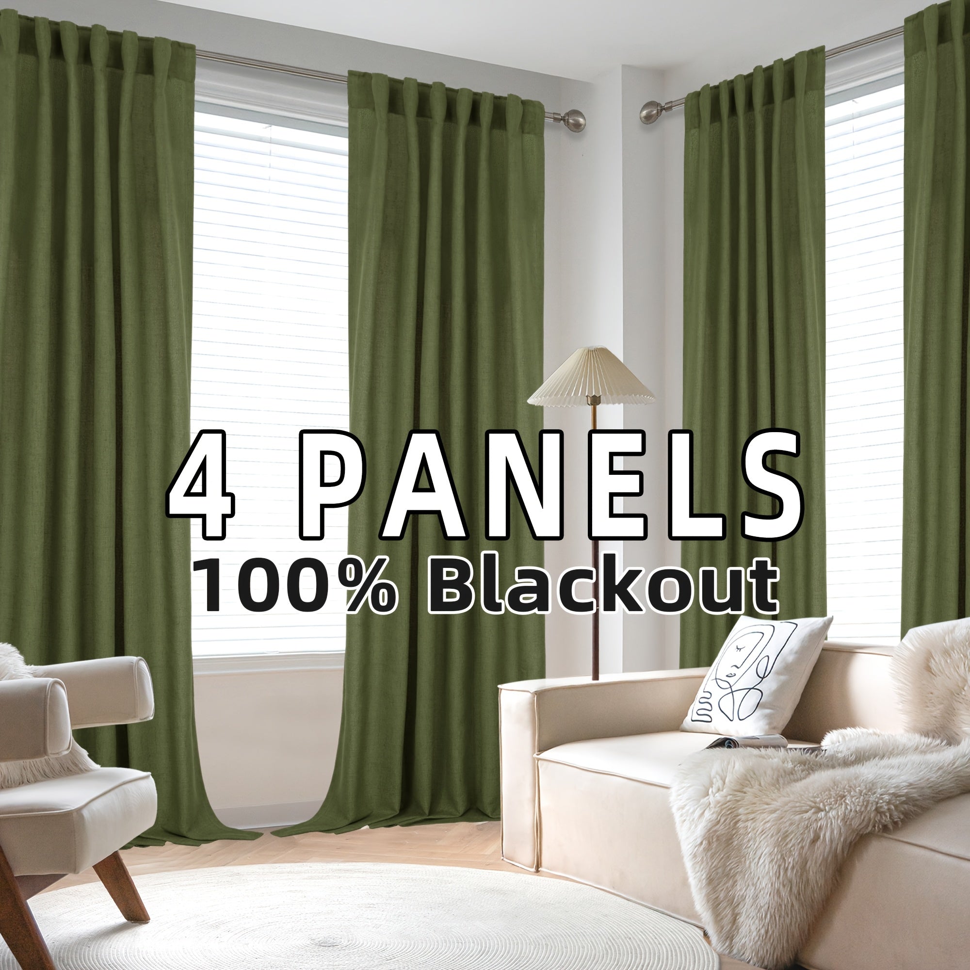 4 Panels 100% Blackout Linen Curtains for Bedroom Farmhouse Thermal Insulated Rod Pocket Back Tab Full Light Blocking for Living Room