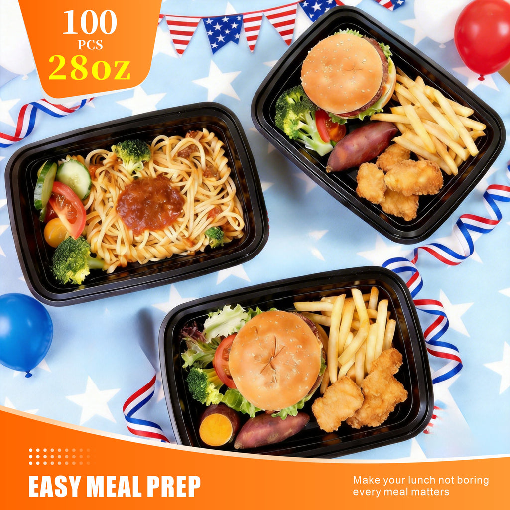 100pcs (50 Containers & 50 Lids) Black Rectangular Meal Prep Containers 28oz - Stackable & Leakproof Food Storage Container Set, Disposable Bento Box - Ideal for Food Trucks, Home Leftovers, Work Lunches, Takeout, Meal Prep & Party Catering - Microwave/Di