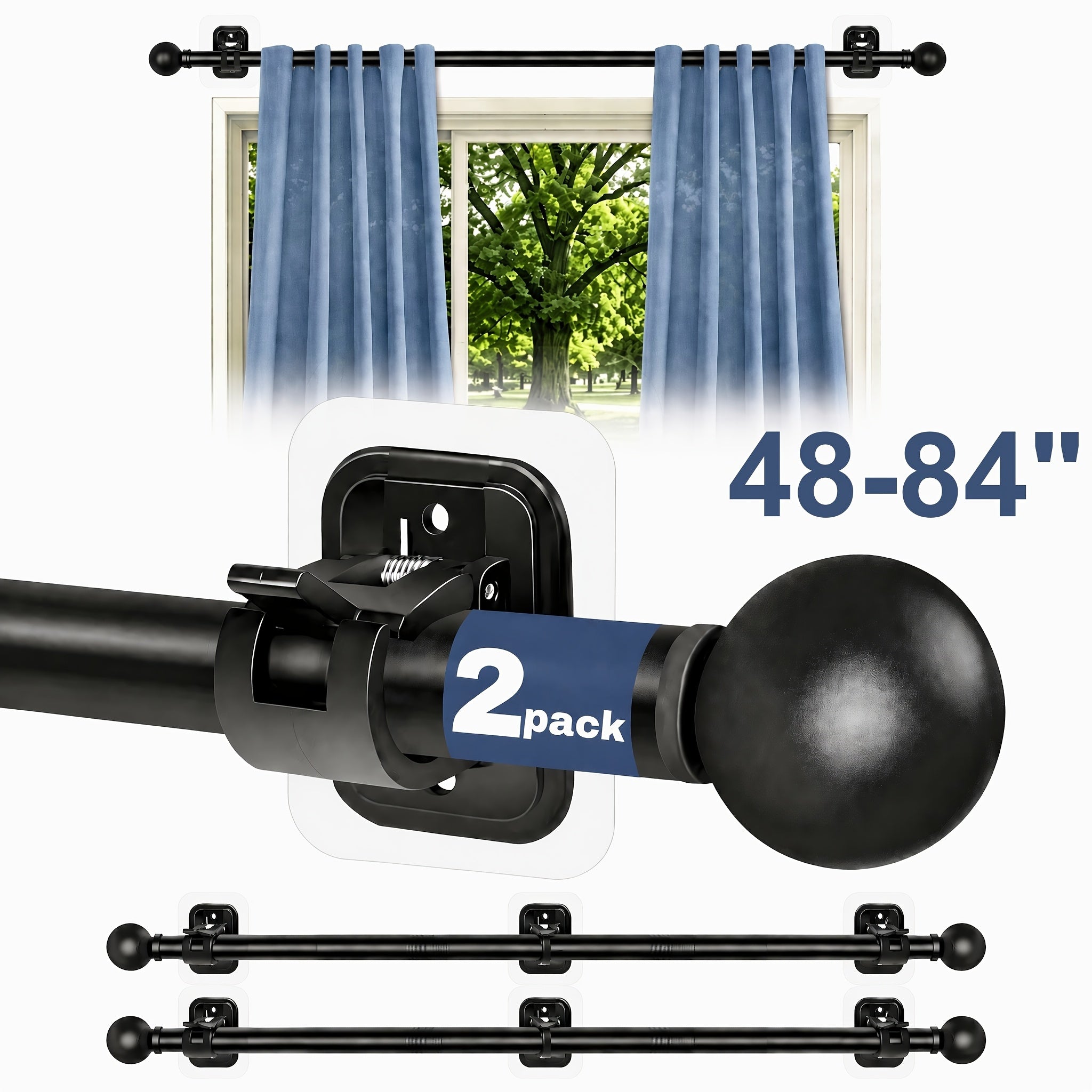 Curtain Rods No Drilling for Windows, 5/8 Inch Diameter Drapey Pole with No Drill Curtain Rod Brackets (2pcs Black)