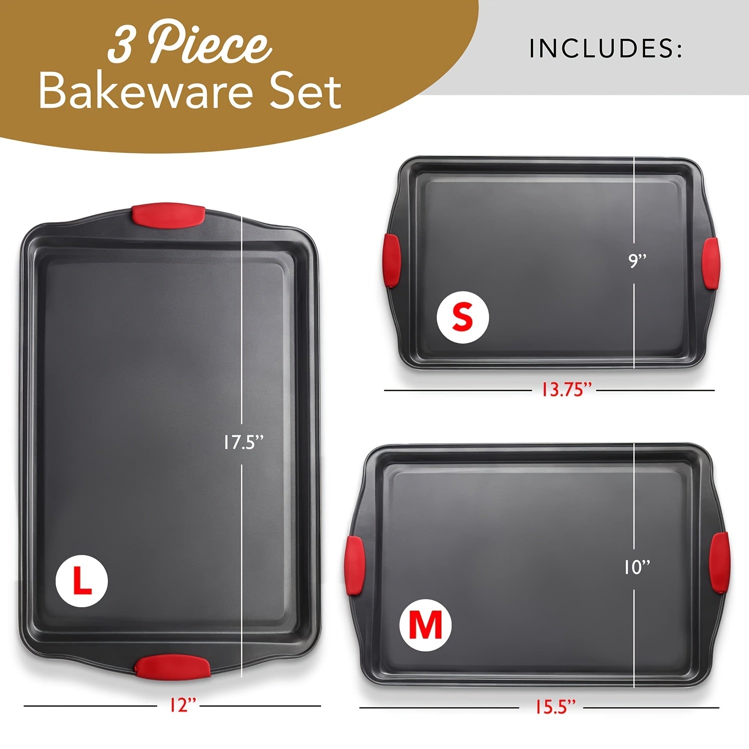 3pcs Carbon Steel Non-Stick Oven Bakeware Set with Red Silicone Handles Commercial-Grade
