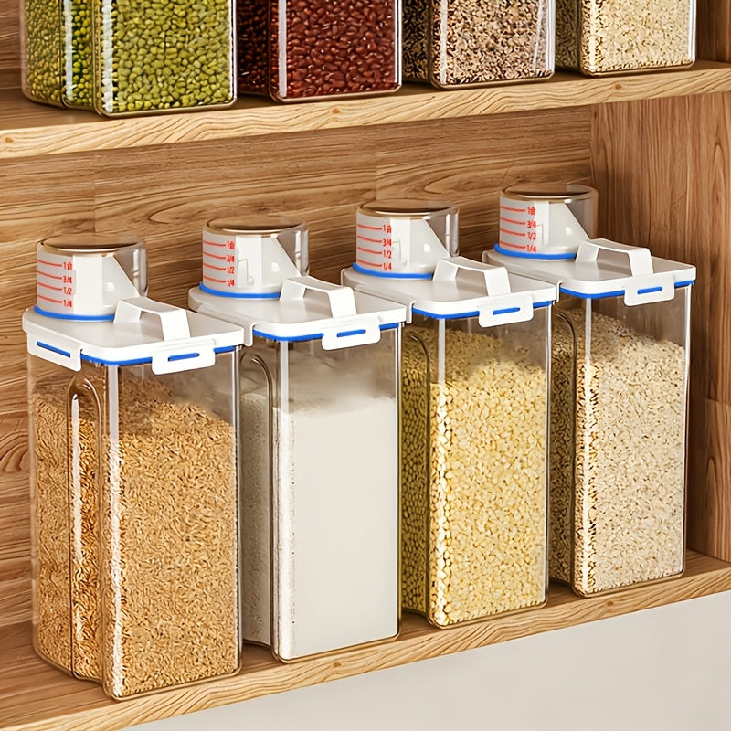 4pcs Large-Capacity Transparent PP Plastic Food Storage Canisters with Built-In Measuring Cups & Scale Markings, Flip-Top Lid Suitable for Rice, Grains, Flour, Dog Food - Moistureproof & Insectproof Kitchen Pantry Containers for Pantry Organization