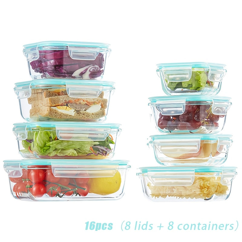 16pcs Sealed Glass Food Storage Containers, Lunch Boxes, Microwave Ovens, Ovens - Perfect for Salads, Fruits, Vegetables, And Sandwiches, Lunch Boxes | Sealed Storage | Durable Glass, Food Storage Containers (8 Lids And 8 Containers)