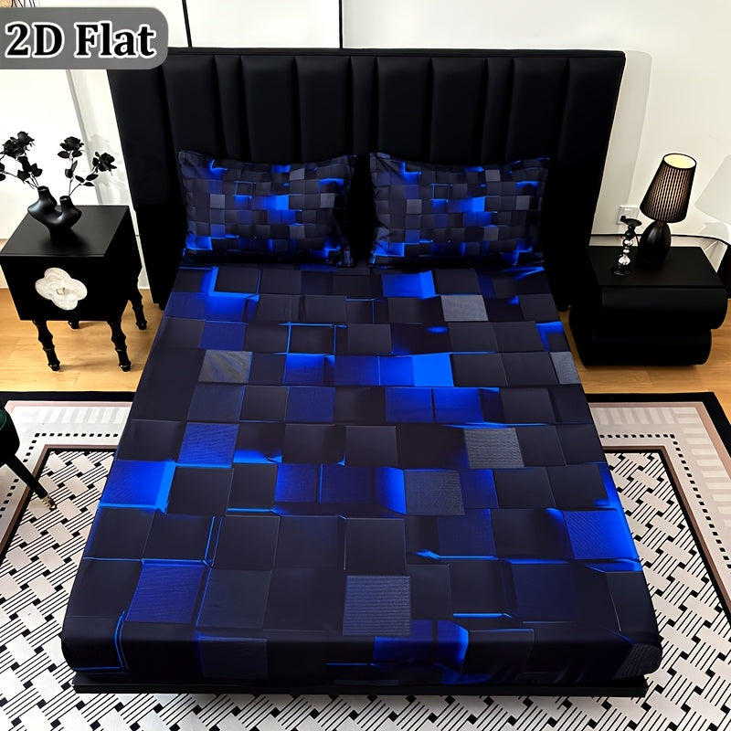 2D Flat 3pcs Cool Technology Digital Printing Material Plaid Fitted Sheet(1pc Bed Sheet+2pcs Pillowcase No Filling) Deep Pocket In 15 Inch, At Home Dormitory Suitable for All Seasons Mattress Protector