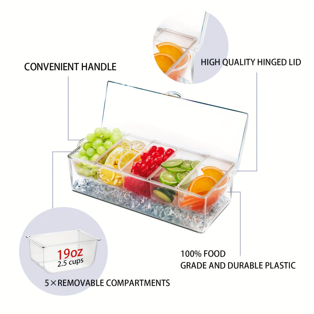 For Bar Serving Tray on Ice with 5 Compartments Container, 5 Forks And 3 Pliers, Fruit Trays for Serving, Garnish Platters with Lid, Cold Seasoning Storage Box for Bar for Parties, Clear