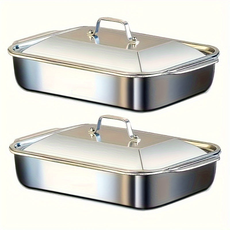 4-piece Set: 2 Deep Pans and 2 Lidded Pans with Handles, Stainless Steel Rectangular Baking Pans with Steel Lids - 6-liter Large Capacity, 16.14-inch Deep Baking Pan, Fish Pan, Roasting Pan, Lasagna Pan, Chicken, Dishwasher Safe, Gift for Men