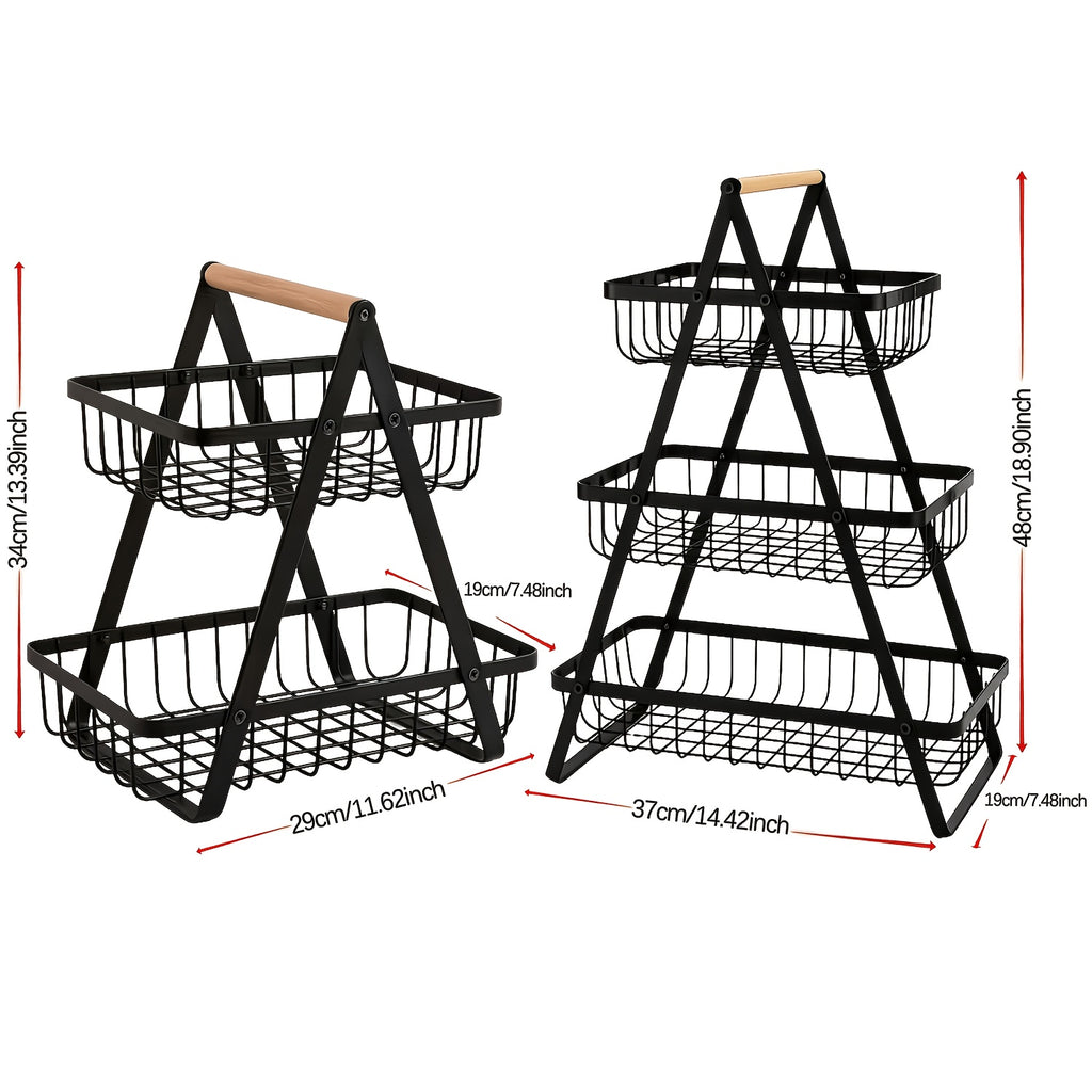 2/3 Tier Heavy-Duty Metal Wire Fruit Basket with Detachable Wooden Handle, Modern Multi-Layer Countertop Storage Rack, Rectangular Space-Saving Organizer for Kitchen Pantry & Dining Table, Hold Fruits, Vegetables, Bread & Snacks