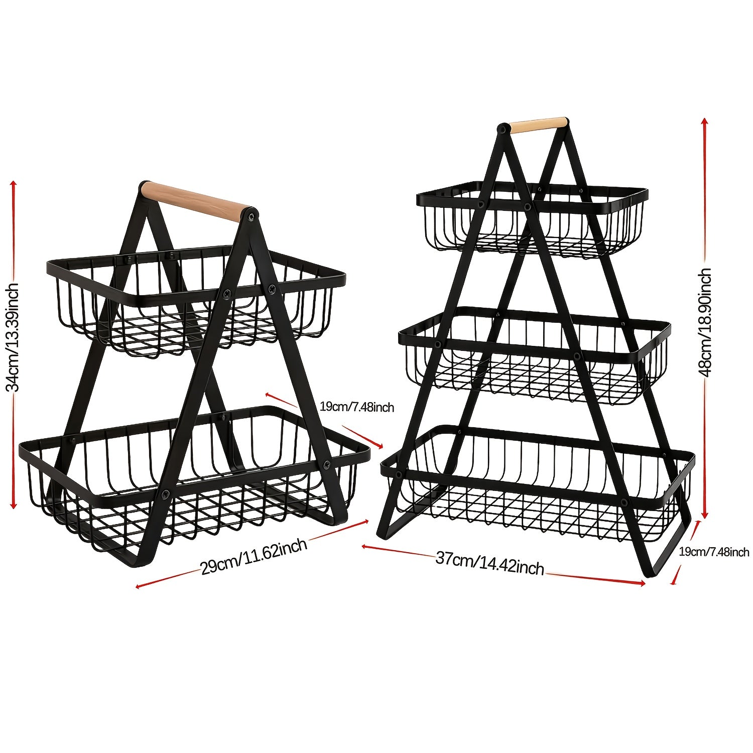 2/3 Tier Heavy-Duty Metal Wire Fruit Basket with Detachable Wooden Handle, Modern Multi-Layer Countertop Storage Rack, Rectangular Space-Saving Organizer for Kitchen Pantry & Dining Table, Hold Fruits, Vegetables, Bread & Snacks