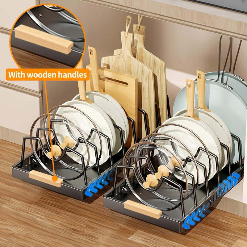 1/2pcs Pull-Out Pot And Pan Storage Box for Cabinets, Kitchen Sliding Lid Rack And Pan Holder, Cabinet Sliding Storage Box for Storing Lids, Baking Tools, And Plates, 8/16 Adjustable Dividers, Kitchen Decor And Accessories.