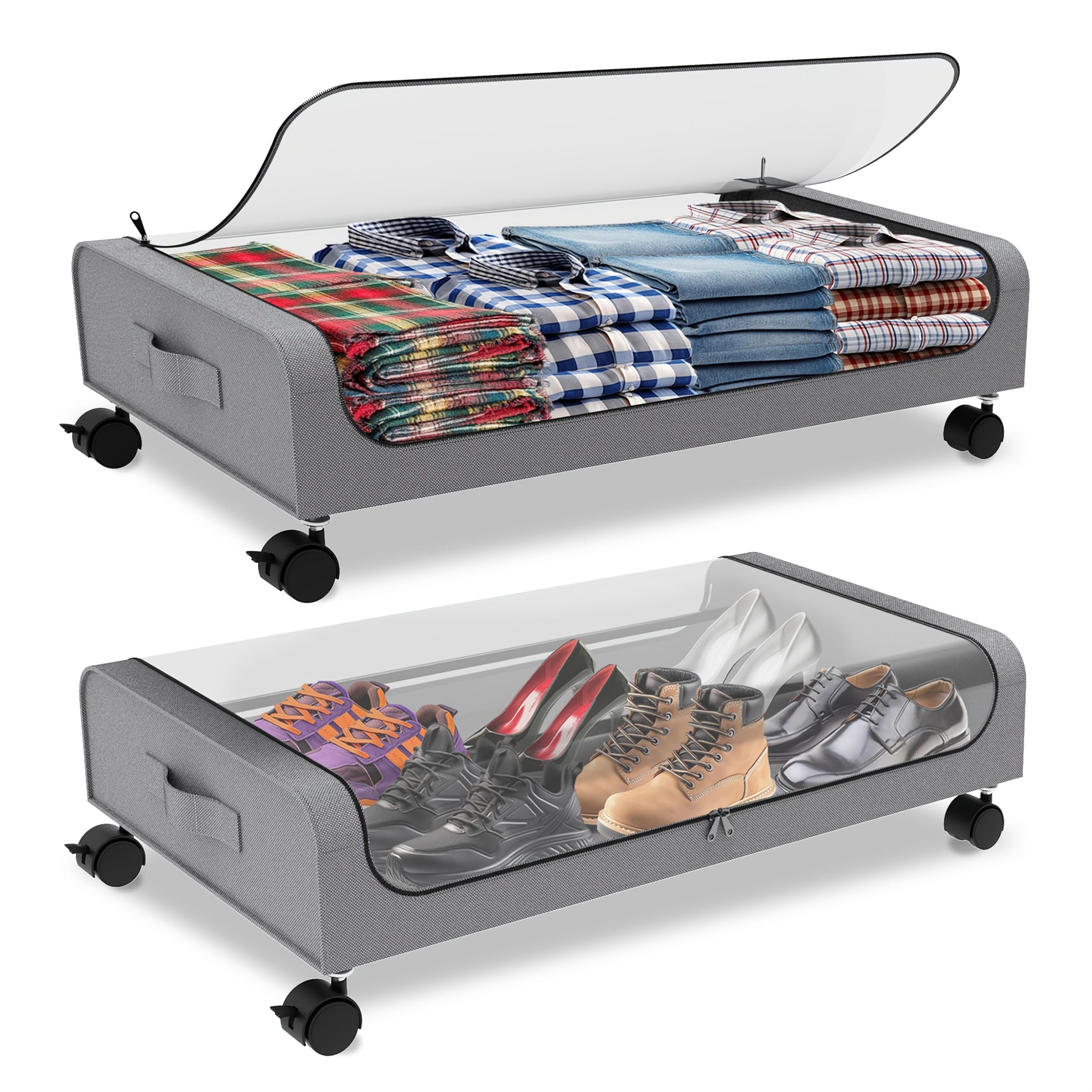 Underbed Storage with Wheels, 2-Pack XXL Large 18.49gal Underbed Storage Containers, Under Bed Organizer for Bedroom Dorm, Under Bed Rolling Storage for Clothes, Bedding, Shoes, Blankets, Books, Under-Bed Storage Organizer for Bedroom Dorm