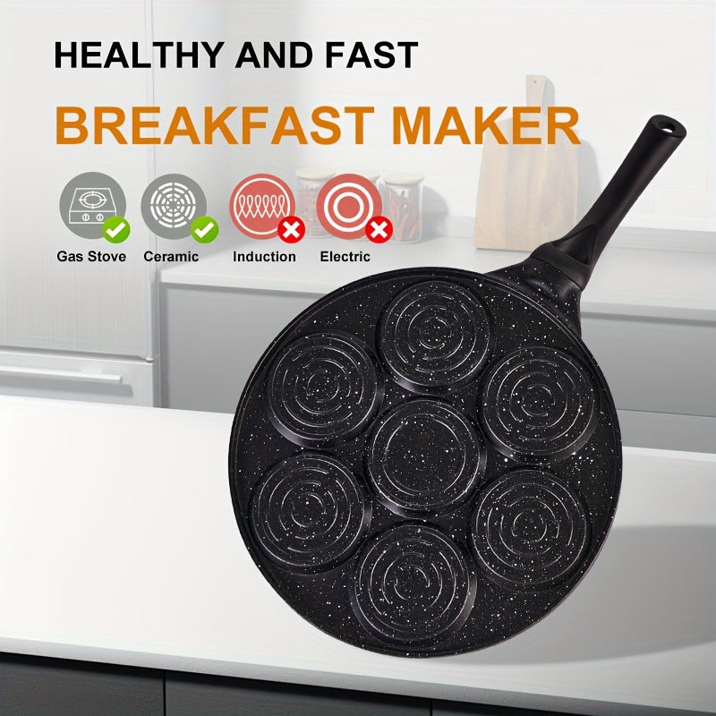 7-Hole Non-Stick Pancake & Crepe Maker with Detachable Handle - Gas Stove Compatible, Oven & Dishwasher Safe Aluminum Breakfast Pan, Even Heat Distribution for Perfect Pancakes, Crepes, Waffles - Black, Pancake Maker for Stove Top, Waffle Cooking, Fun Kit