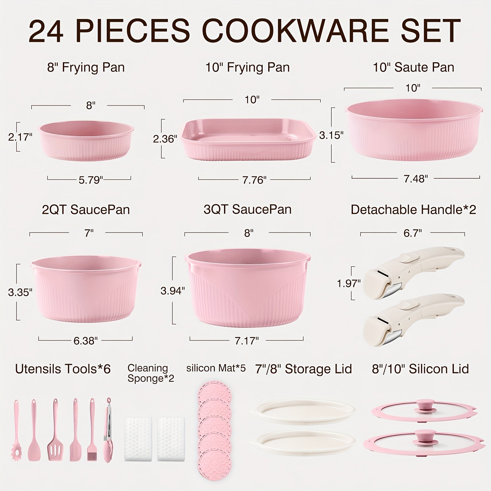 24pcs/7pcs/5pcs Cookware Set Non-Stick Pots & Pans Induction-Ready Kitchen Cookware Set Includes Skillet/Frying Pan/Soup Pot/Steak Pan Removable Handles Home & RV Kitchen Set Stackable Kitchen Accessories Easy To Clean Multiple Colors