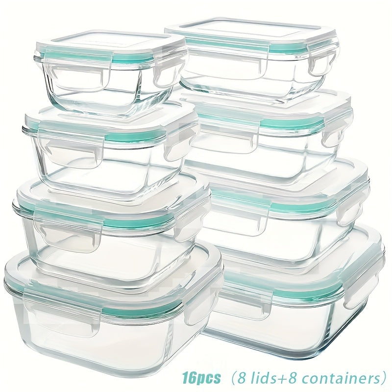 16pcs Sealed Glass Food Storage Containers, Lunch Boxes, Microwave Ovens, Ovens - Perfect for Salads, Fruits, Vegetables, And Sandwiches, Lunch Boxes | Sealed Storage | Durable Glass, Food Storage Containers (8 Lids And 8 Containers)