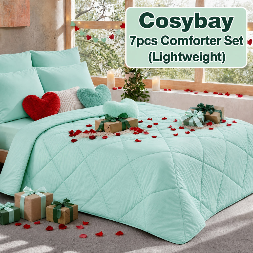 Cosybay 7PC Comforter Set-Luxury Soft Fluffy Pinch Pleated Bedding with 1 Comforter, 1 Fitted Sheet, 1 Flat Sheet, And 4 Pillowcases & Pillow Cover-All Season Quilte Set Queen, Hypoallergenic, Breathable, Easy Care,valentine's Day Gifts,school