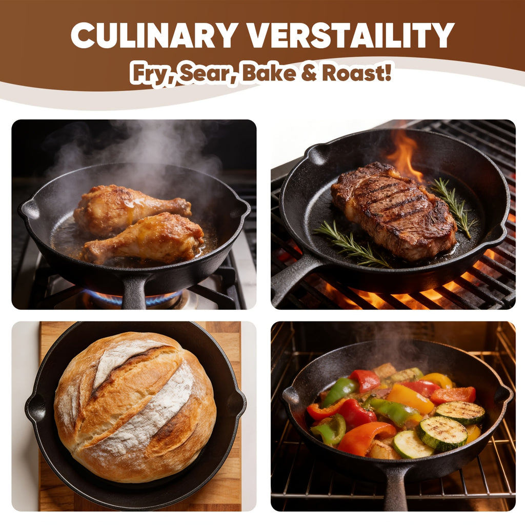 3pcs Bare Cast Iron Skillet Set (6/8/10 Inch) - Heavy-Duty Heirloom-Grade Sand Casting, Seasoning, Stir-fries, Non-Stick Surface & Oven/Grill/Campfire Safe - Even Heat Distribution For Steak, Cornbread, Baking - Rustic Kitchen Cookware Essentials