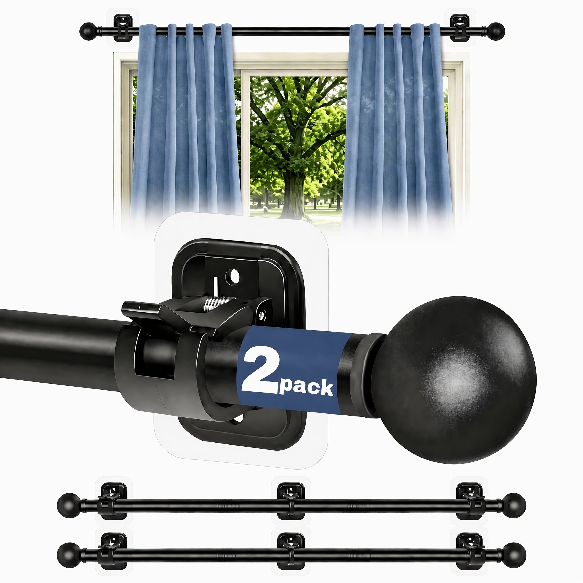 Curtain Rods No Drilling for Windows, 5/8 Inch Diameter Drapey Pole with No Drill Curtain Rod Brackets (2pcs Black)