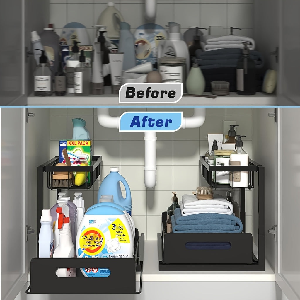 2-Tier Under Sink Organizers And Storage, Under Sink Organizer, Slide Out Pull Out Cabinet Organizer Shelf, Metal Sliding Drawer for Kitchen Bathroom Pantry Cabinet Closet Organization Rack (1 PACK/2 PACK)