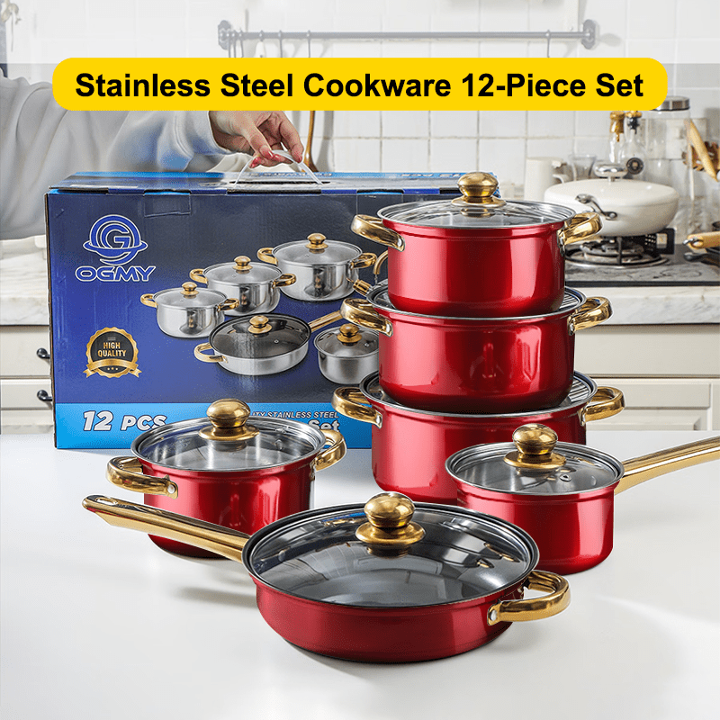 12pcs Red Pot Set, Thin-Gauge Stainless Steel, Non-Stick Pan, Kitchen Cookware Set, Non-Stick Cooking Set, A Variety of Pots to Meet All Kitchen Needs, The Most Beautiful And Practical Gift for Mothers