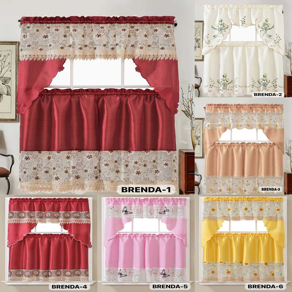 3pcs Embroidery Kitchen Curtains Set Flowers Embroidery Satin Fabric Faux Lightweight Soft Easy Care Machine Washable 49 Design Styles Available Holiday Gifts for Family Local Warehouse All Season Use Summer