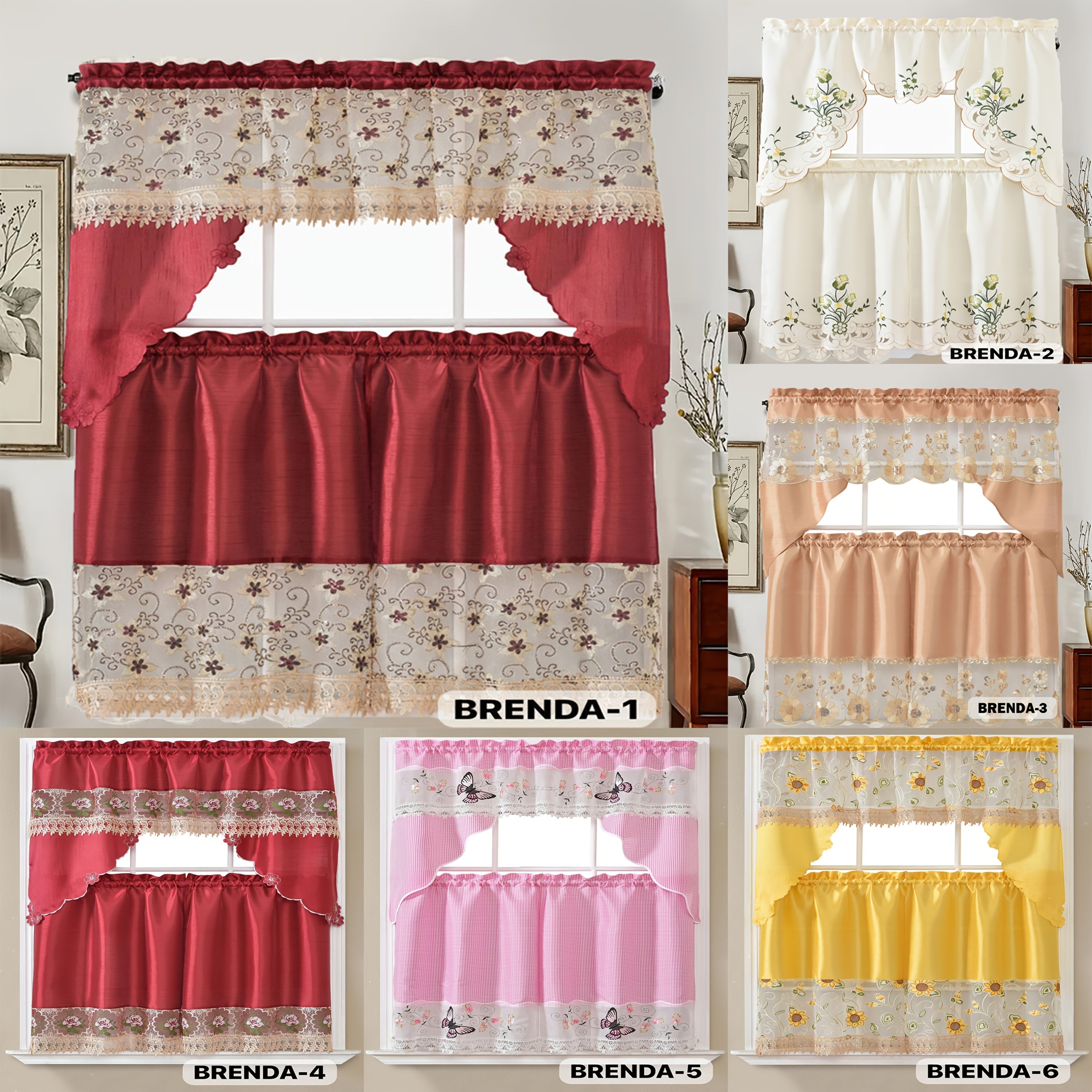3pcs Embroidery Kitchen Curtains Set Flowers Embroidery Satin Fabric Faux Lightweight Soft Easy Care Machine Washable 49 Design Styles Available Holiday Gifts for Family Local Warehouse All Season Use Summer