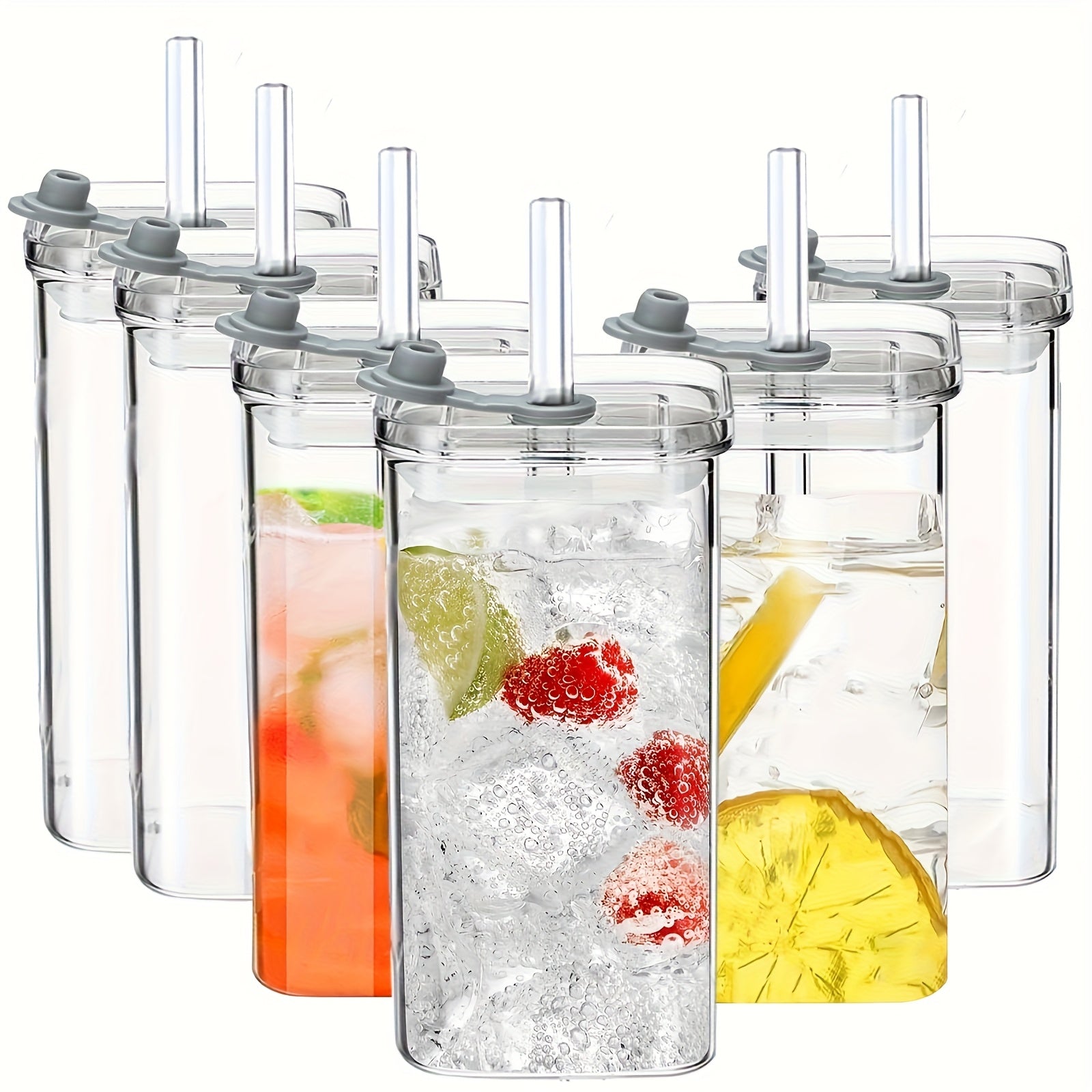 4/6 Packs High Borosilicate Glass Water Cup with Lid & Straw - Square Korean Style, Transparent, Flat Bottom, Multipurpose for Coffee, Juice, Hand Wash Only, Leak Proof, BPA Free, Valentine's Day Theme