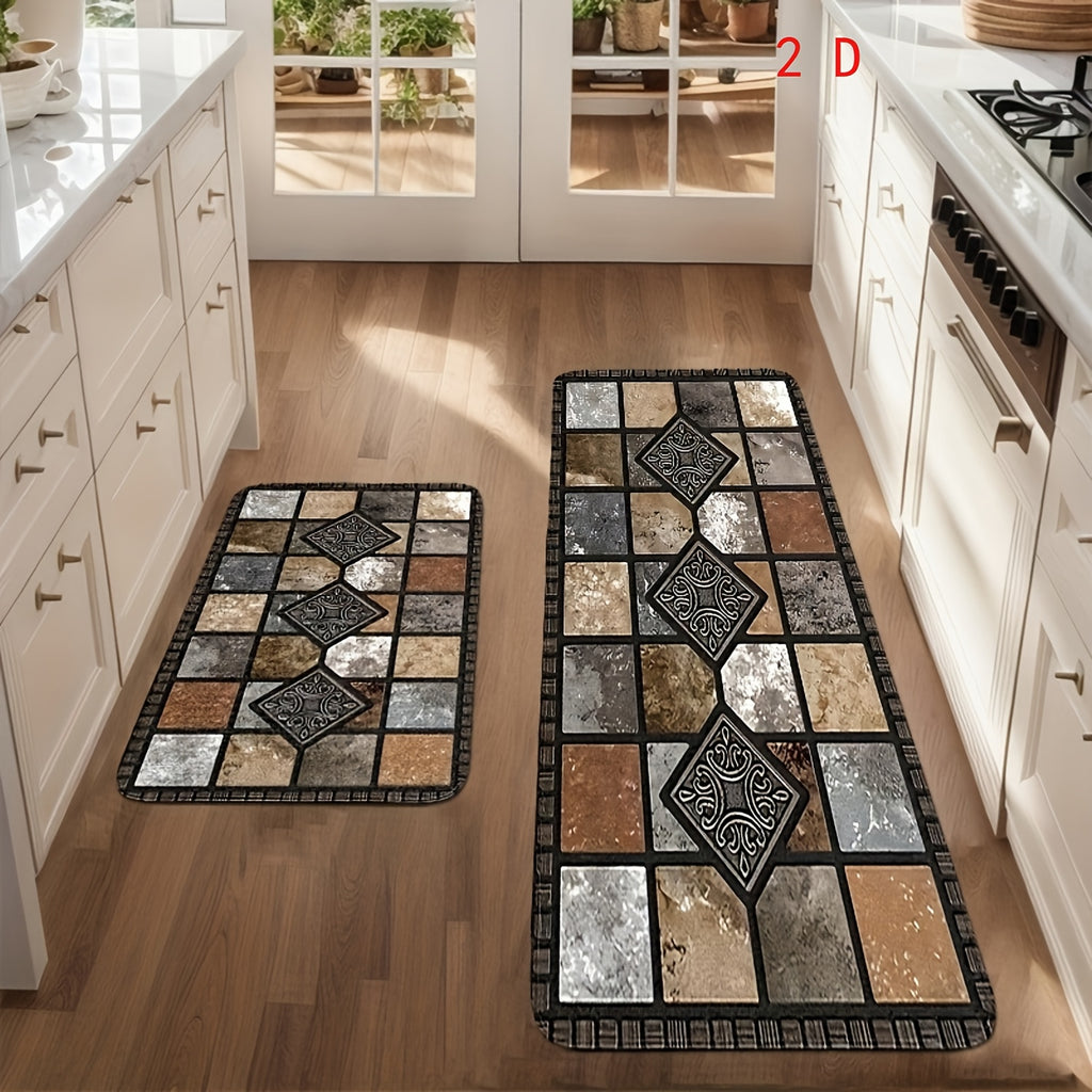 2D 3pcs Kitchen Mat Set, Classic Geometric Stone Mat, Retro Rural Style Mat, Farmhouse Kitchen Decoration, Soft And Comfortable, Suitable for Bedroom, Living Room, Dining Room, Kitchen, Bathroom, Gift for Friend, Kitchen Accessorie, Halloween