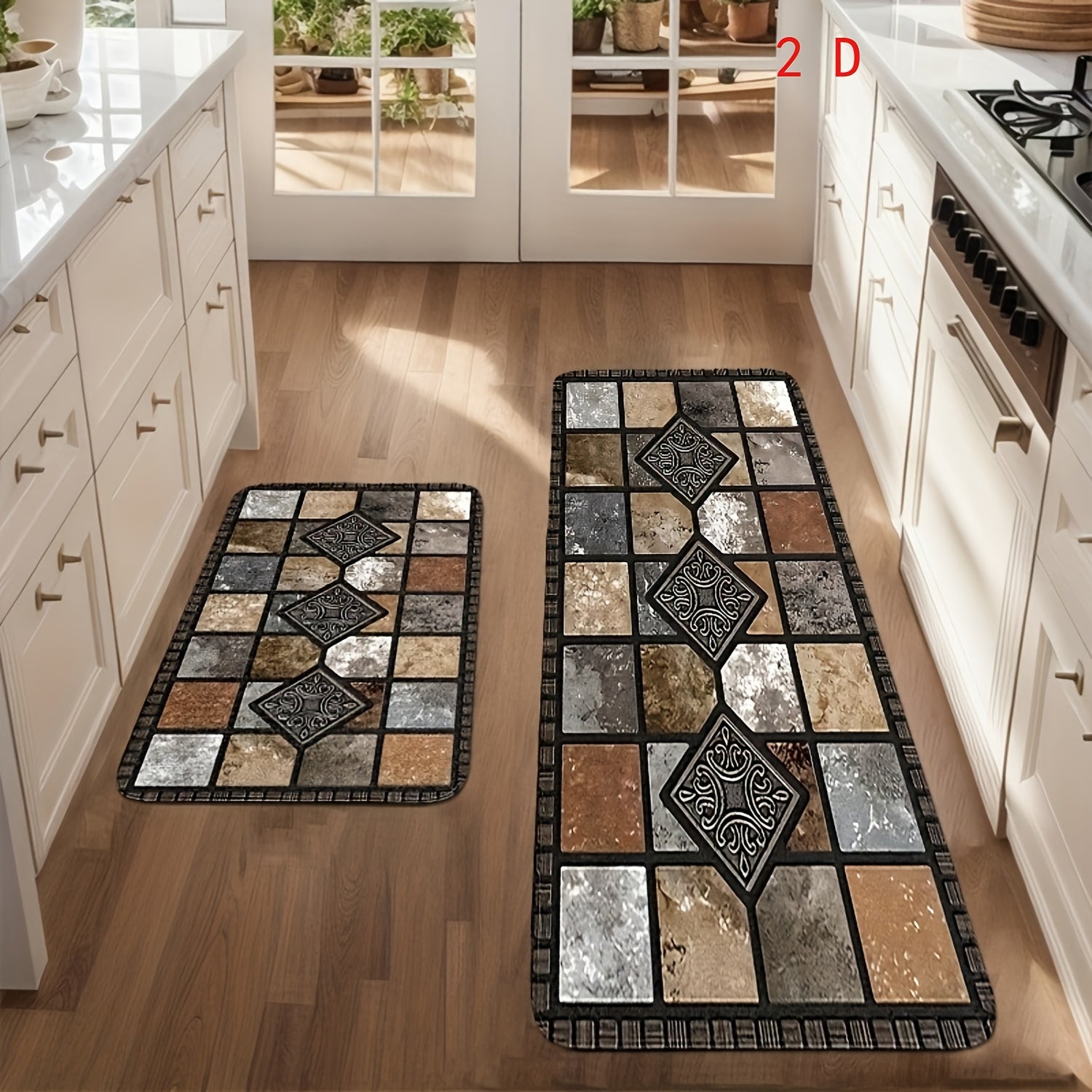 2D 3pcs Kitchen Mat Set, Classic Geometric Stone Mat, Retro Rural Style Mat, Farmhouse Kitchen Decoration, Soft And Comfortable, Suitable for Bedroom, Living Room, Dining Room, Kitchen, Bathroom, Gift for Friend, Kitchen Accessorie, Halloween
