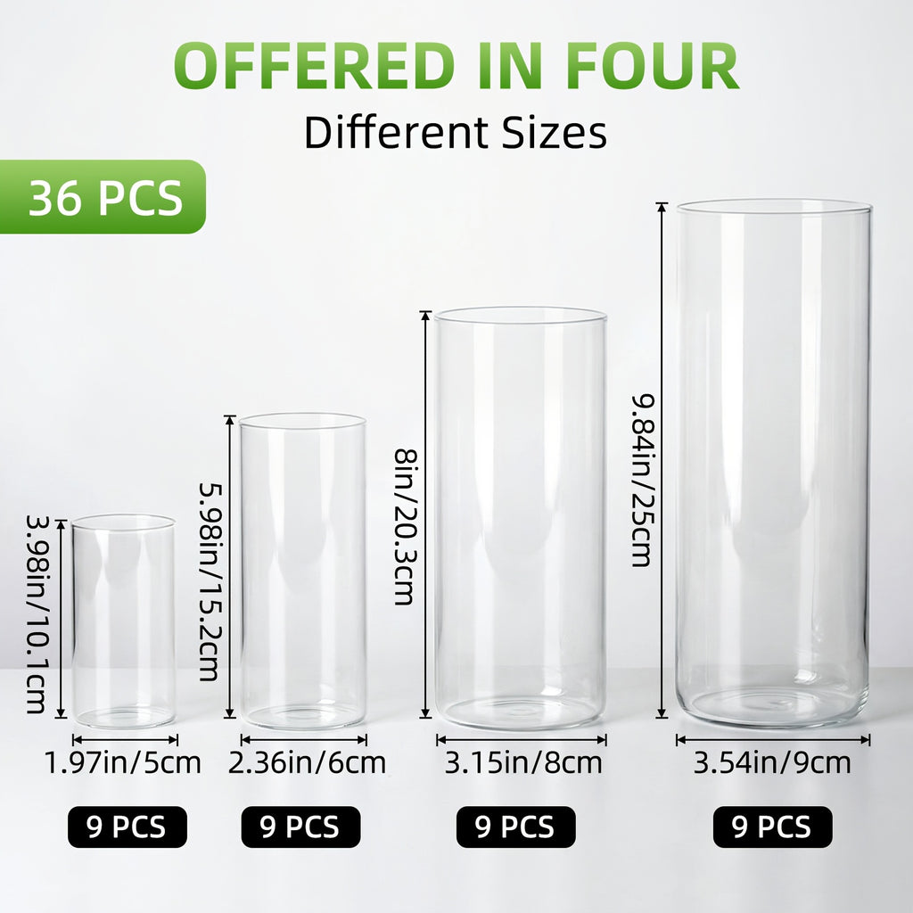 TOMNK 12/16/24/36/48pcs Clear Glass Candle Holder Cylinders Vases, 4, 6, 8, 10 Inch Tall Cylinder Vases for Candles, Glass Candle Vase, Hurricane Floating Candle Holder Vase for Table Shelf, Party, Wedding, Home Decor