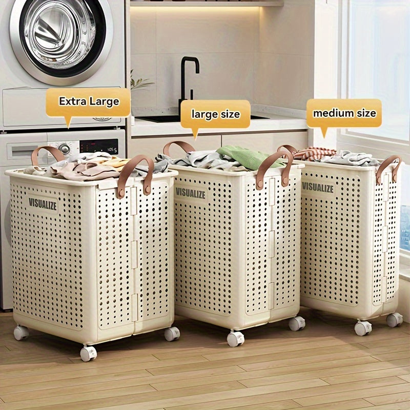 Extra Large Foldable Laundry Basket With Wheels, Breathable Plastic Rolling Laundry Hamper With Faux Leather Handles, Space-Saving Clothes Storage Bin For Bathroom & Bedroom, Laundry Baskets