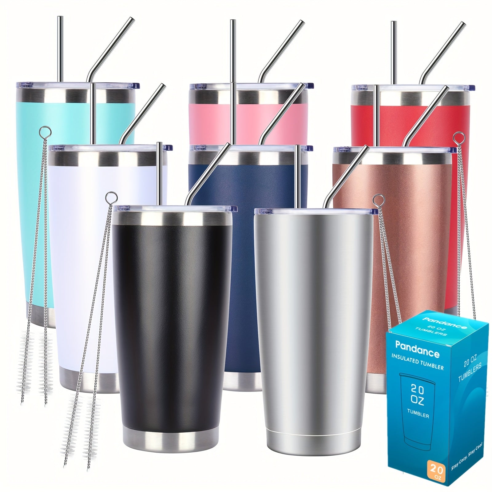 8/12/24pcs 20Oz 304 Stainless Steel Insulated Tumblers with Lid And Straw Bulk, Double Wall Vacuum Water Cups for Hot & Iced Coffee Drinks Travel Mug