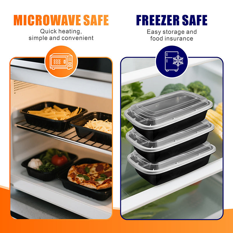 100pcs (50 Containers & 50 Lids) Black Rectangular Meal Prep Containers 28oz - Stackable & Leakproof Food Storage Container Set, Disposable Bento Box - Ideal for Food Trucks, Home Leftovers, Work Lunches, Takeout, Meal Prep & Party Catering - Microwave/Di