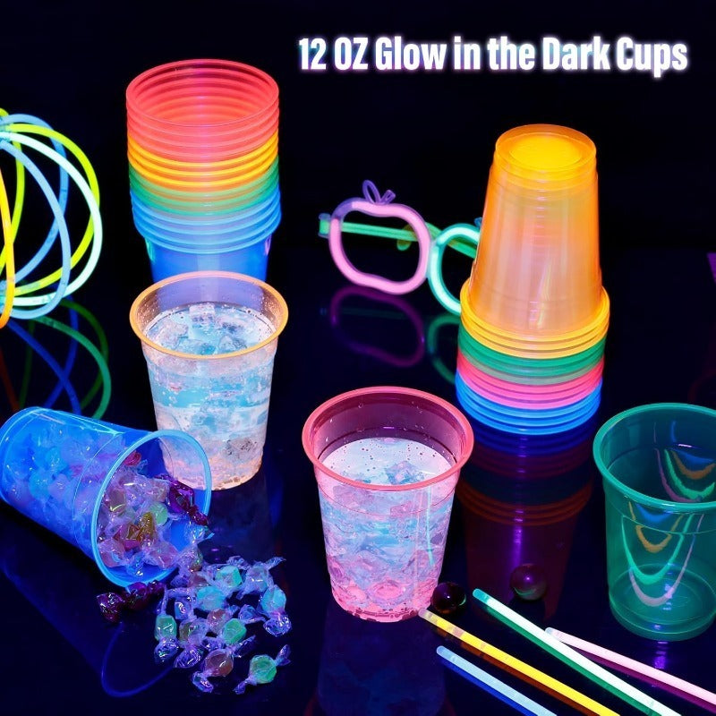 100pcs Plastic for Neon Cups, 12/16Oz Disposable Glowing Cups for Neon Party Decorations, Colorful Glow-In-The-Dark Suitable for Carnival Parties, Christmas, Thanksgiving, Halloween Holidays Halloween