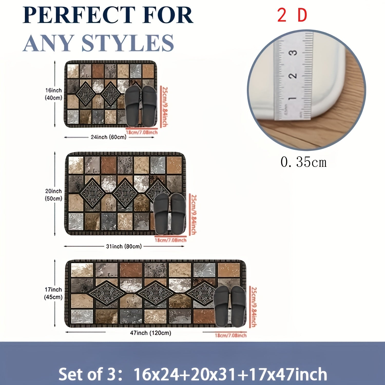 2D 3pcs Kitchen Mat Set, Classic Geometric Stone Mat, Retro Rural Style Mat, Farmhouse Kitchen Decoration, Soft And Comfortable, Suitable for Bedroom, Living Room, Dining Room, Kitchen, Bathroom, Gift for Friend, Kitchen Accessorie, Halloween
