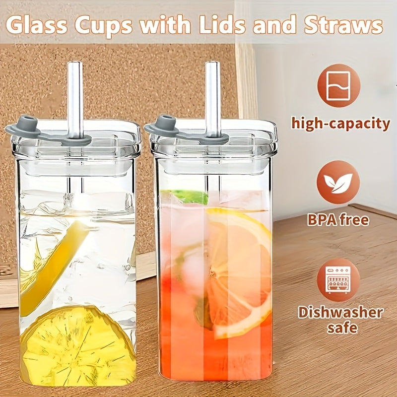 4/6 Packs High Borosilicate Glass Water Cup with Lid & Straw - Square Korean Style, Transparent, Flat Bottom, Multipurpose for Coffee, Juice, Hand Wash Only, Leak Proof, BPA Free, Valentine's Day Theme