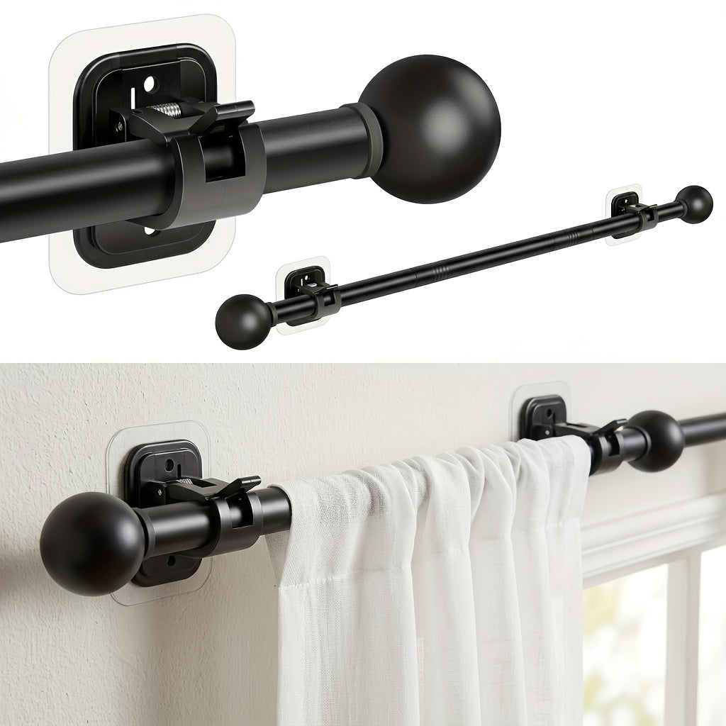 No Drill Curtain Rods Set for Windows 32 to 48 Inch, 5/8 Inch Diameter Metal Drapey Pole with Adhesive Holder Hook - Renter Friendly (Black, Contemporary Style)