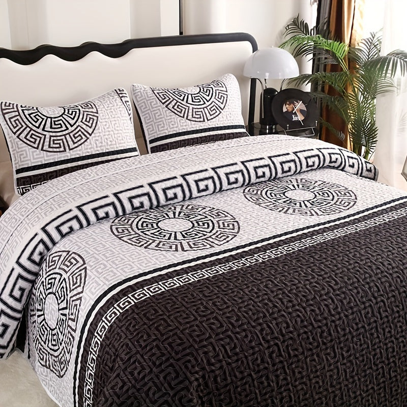3pcs Traditional Style Fleece Bed Cover Set, All-Season, Machine Washable, Active Print, Polyester Fill, Durable Polyester Cover, 80-85gsm, Quilted, Multi-Purpose Bedding