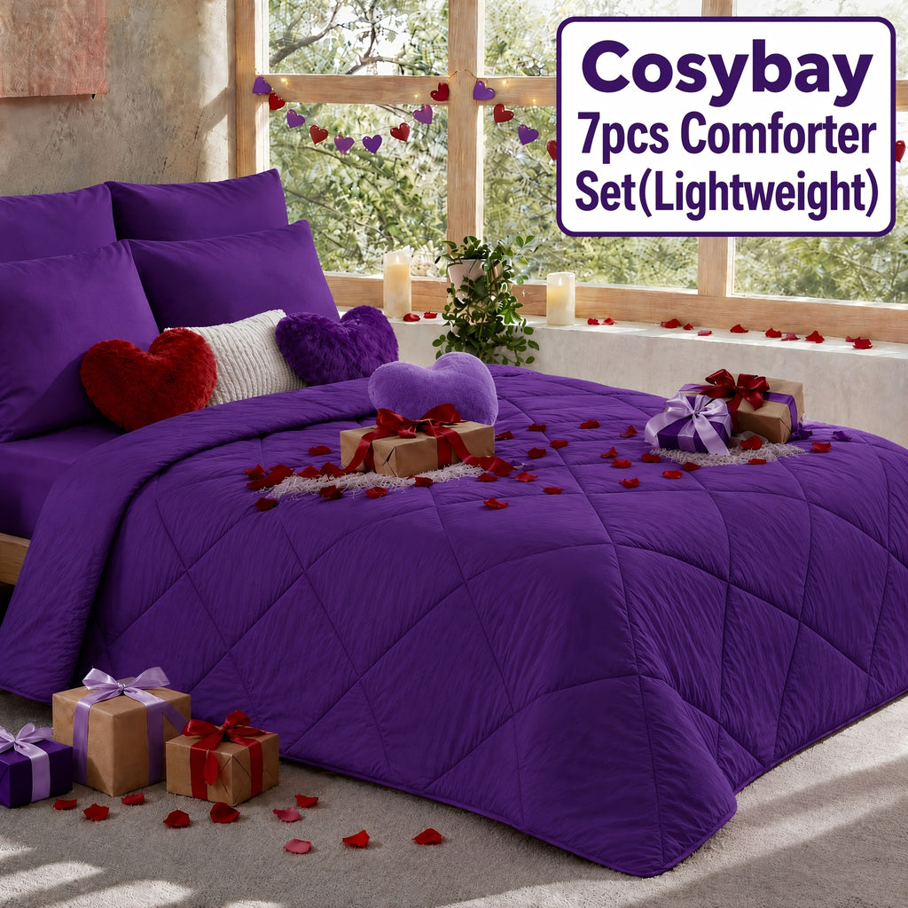 Cosybay 7PC Comforter Set-Luxury Soft Fluffy Pinch Pleated Bedding with 1 Comforter, 1 Fitted Sheet, 1 Flat Sheet, And 4 Pillowcases & Pillow Cover-All Season Quilte Set Queen, Hypoallergenic, Breathable, Easy Care,valentine's Day Gifts,school
