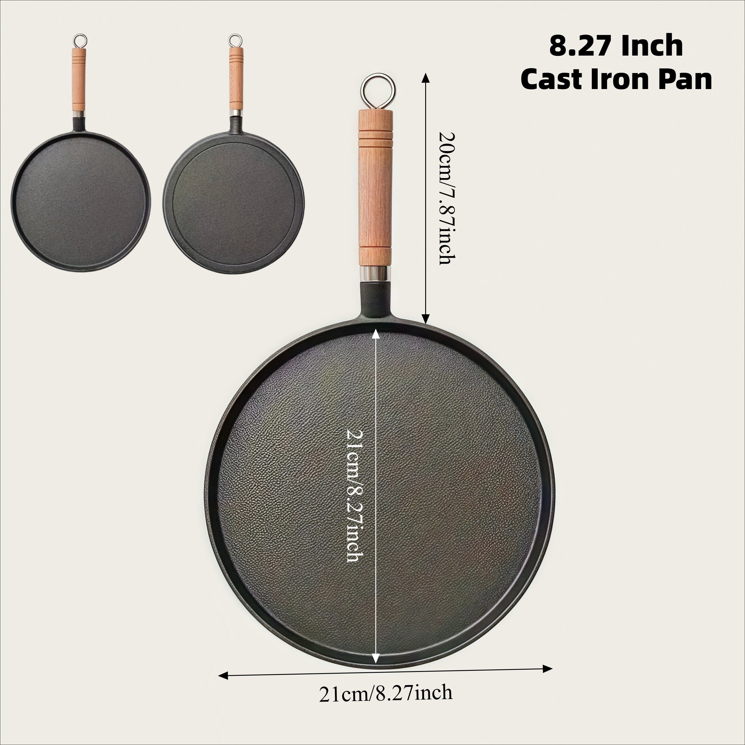3 Sizes Cast Iron Skillet with Handle, 8.27/ 9.45/ 10.63 Inch Flat Pan for Pancakes, Ideal for Eggs and Crepes, Durable and Non-Stick Cookware for Induction, Gas, Campfire, Ideal for Breakfast, Grilling, Camping, Outdoor Cooking
