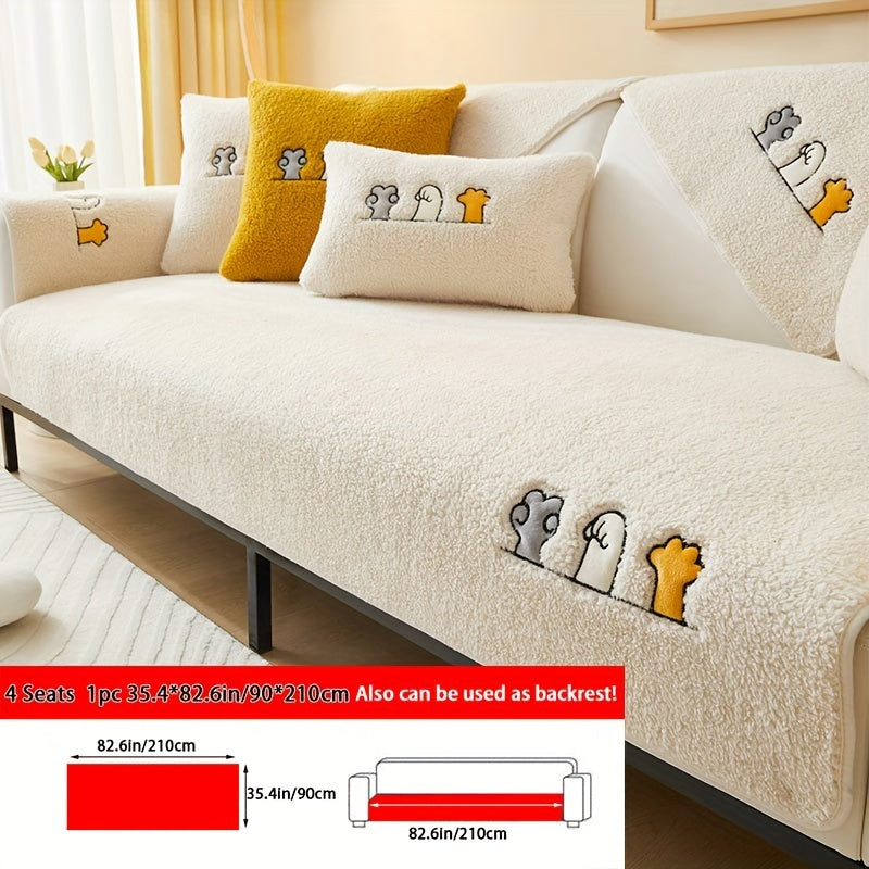 1pc Plush Thick Shearling Sofa Cover with Cute Animal & Bone Embroidery - Pet-Friendly, Non-Slip Couch Protector for All Sofa Sizes from Single to Four-Seater - Soft, Warm Decor for Living Room, Bedroom, Office, Sofa Covers for Living Room