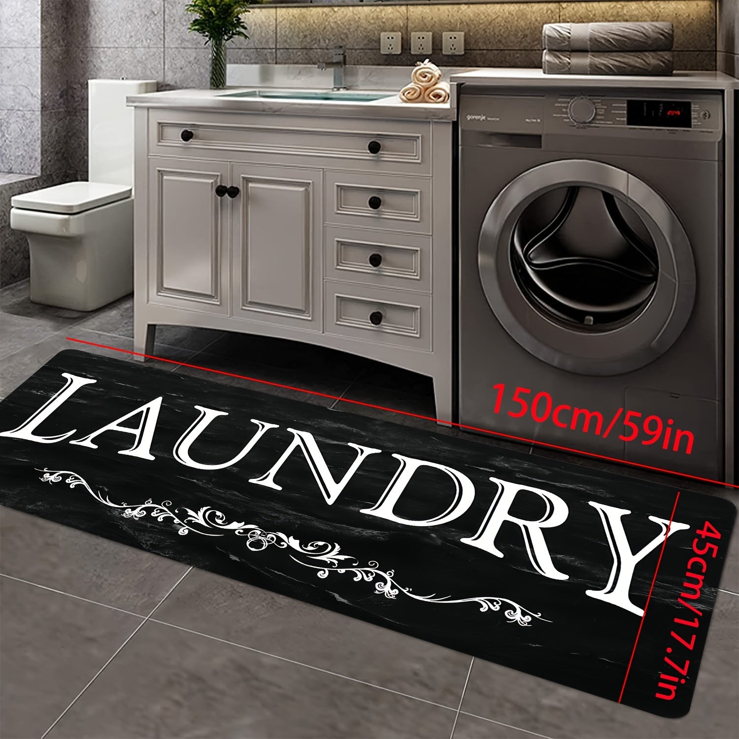 1pc Black & White "LAUNDRY" Text Mat - High Quality Non-Slip Machine-Washable Mat, Soft Comfortable Floor Mat with Bold Lettering for Laundry Room, Bathroom, Kitchen, Hallway - Durable Polyester Mat for Home Organization & Modern Decor, Bathroom Mat, Kitc