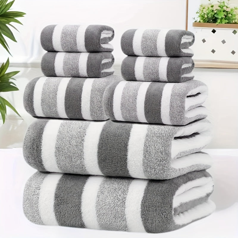 8pcs Lint-Free Super Absorbent Soft Five-Star Hotel Standard Two-Color Striped Spaced Bath Towel Set, Including 2 Large Bath Towels, 2 Medium Bath Towels And 4 Small Bath Towels