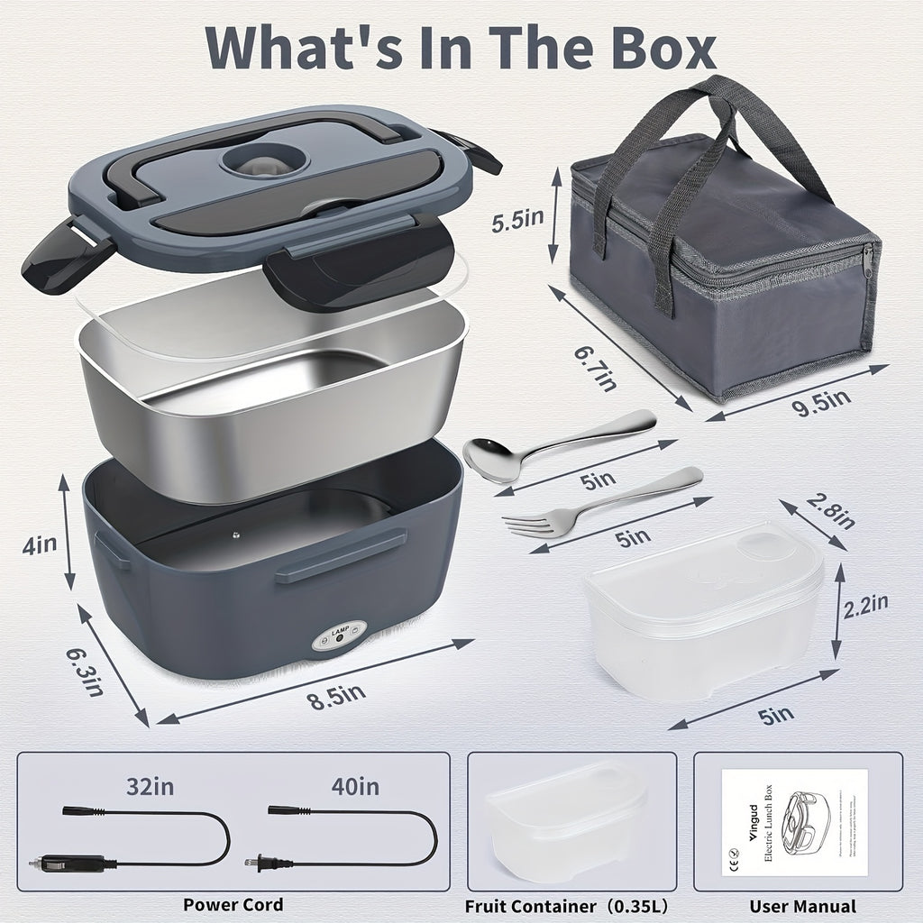 Electric Lunch Box Food Warmer 50.72oz Portable Heated Meal Container 120V Home 12V 24V Car Stainless Steel with Fork Insulated Bag Truck Drivers Office Travel
