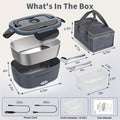 Electric Lunch Box Food Warmer 50.72oz Portable Heated Meal Container 120V Home 12V 24V Car Stainless Steel with Fork Insulated Bag Truck Drivers Office Travel